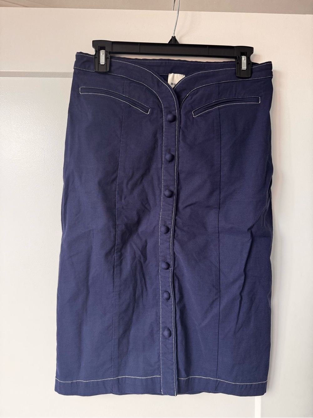 Maeve Navy Button-Front Pencil Skirt with Contrast Stitching